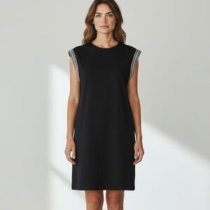 Design Lab Lord & Taylor Black Cotton Sleeveless Dress Embelished Shoulders Sz L